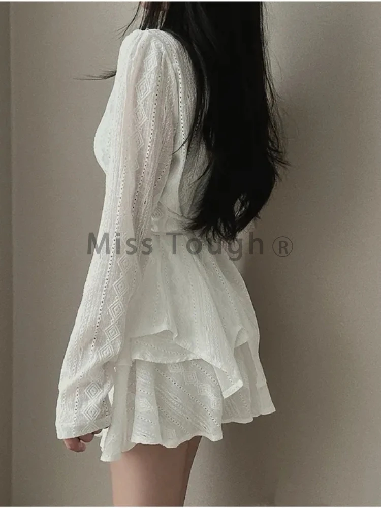 Koreanische süße Patchwork zweiteilige Set Frauen Langarm Shirt Kuchen Miniröcke weibliche Mode Schnürung elegante Falten Party Anzüge