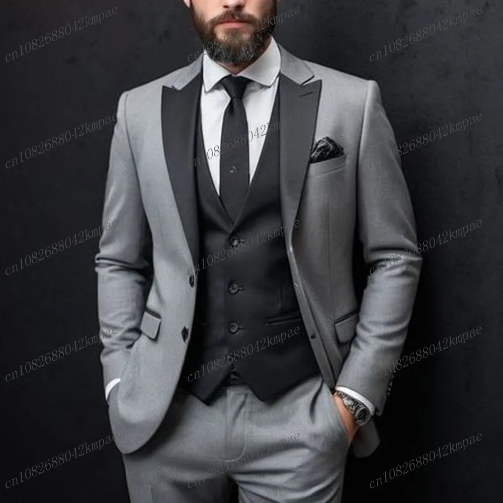 Grey And Black Formal Business Men Suit Groom Groomsman Wedding Party Prom Tuxedos Male 3 Piece Set Blazer Vest Pants