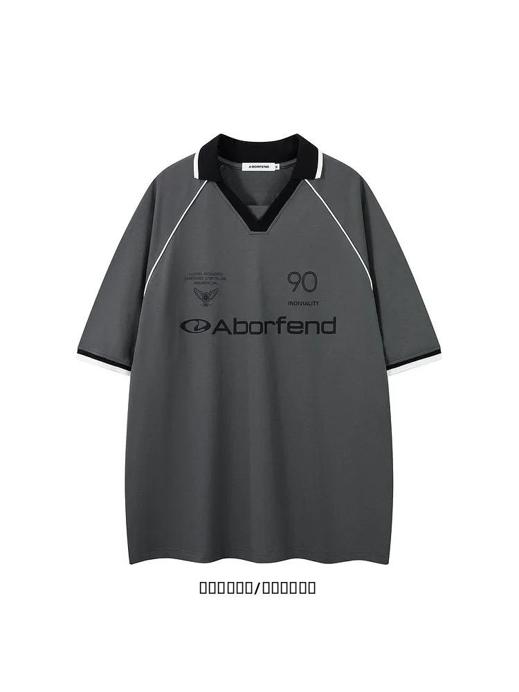 

Ретро-футболка с воротником и коротким рукавом, повседневная летняя футболка для подростков, свободный крой, молодежный тренд, дизайн с надписью