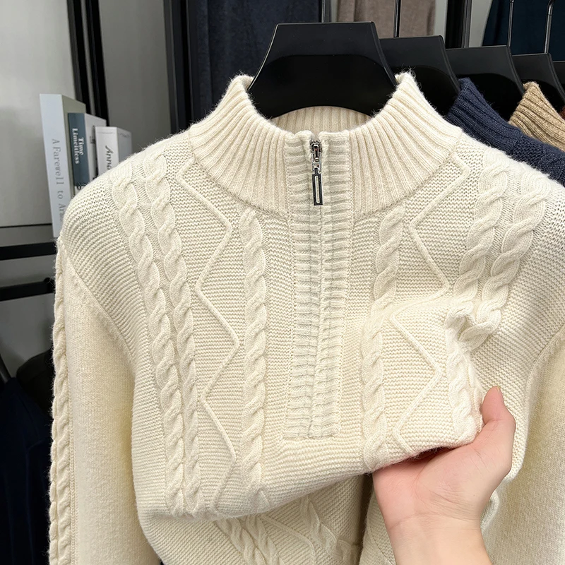 

Высококачественный жаккардовый трикотаж половина Высокий воротник мужчина джемпер новый роскошный молния согревает корейский стиль модный чистый цвет отдых свитер