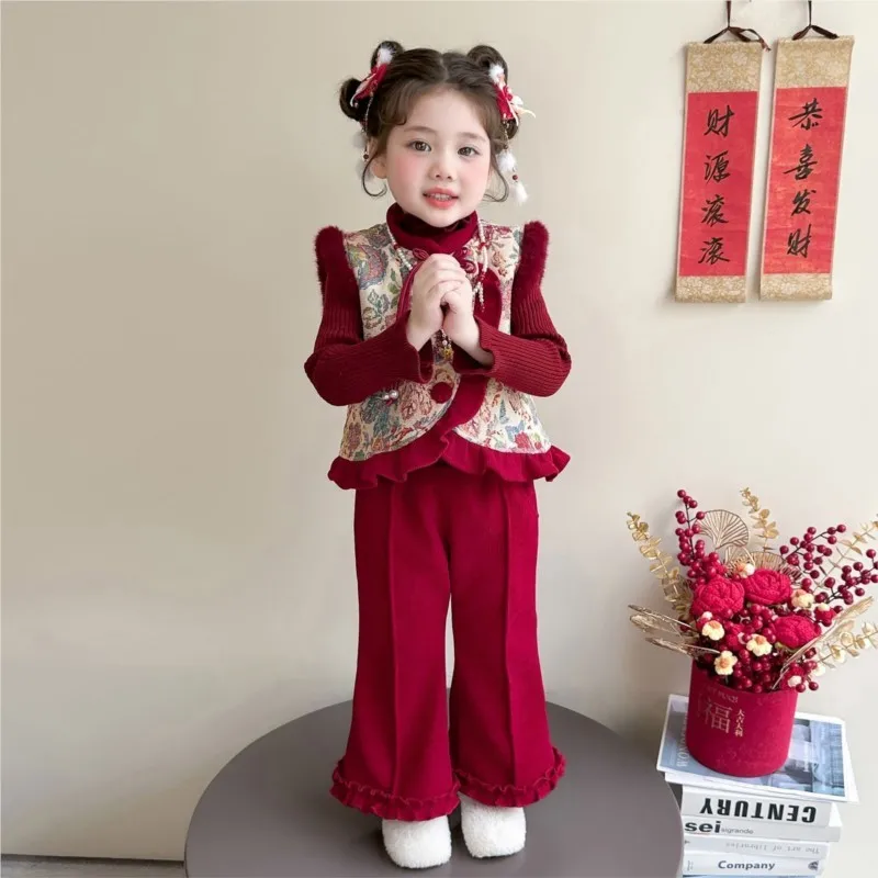 

Новинка 2026 года, зимний жилет для девочек, свитер и брюки, детский комплект древней китайской ханьфу, детский дышащий костюм ханьфу Тан, комплект LJ034