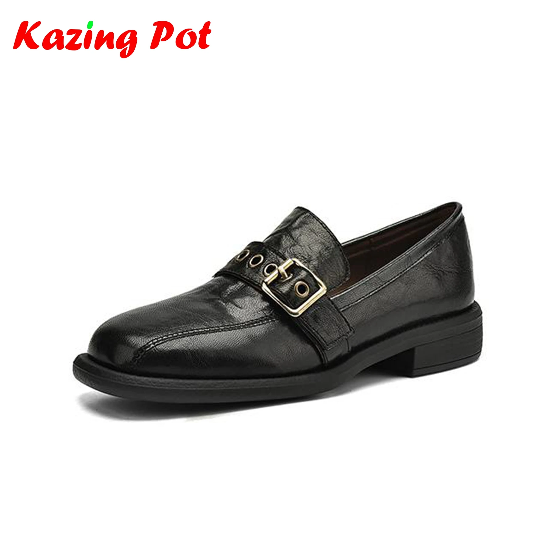 

Krazing Pot 2026 Cow Leather Round Toe Slip On Spring Autumn Shoes Retro Low Heels Loafers Brand Metal Rivets Luxury Women Pumps