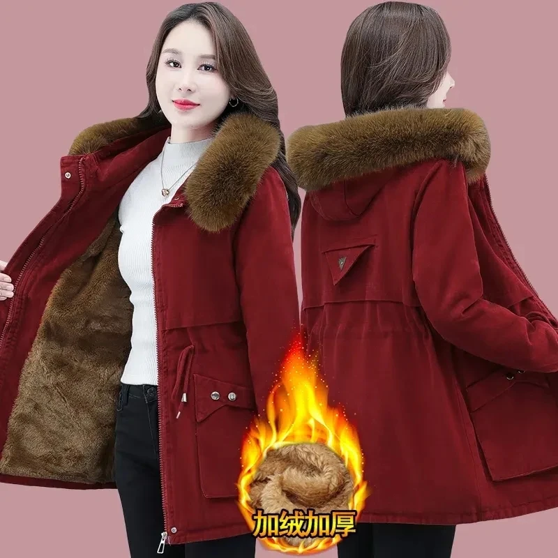 

Winter New Parker Mid-Long Thick Jacket Women's Loose Cashmere Cotton Jacket Hooded Down Cotton Jacket Thickened Coat Outwear