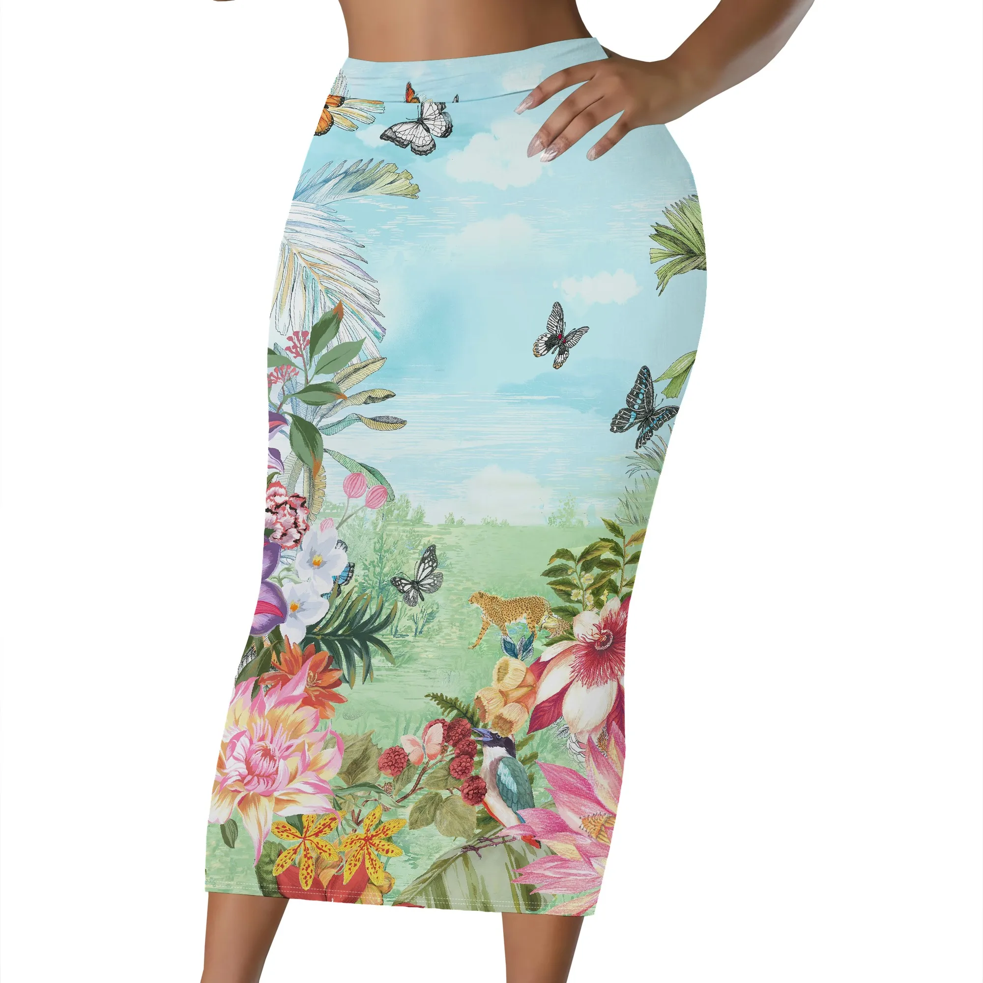 Blumendruck, Midirock, Schwarze Basis, Beige Blumen, Hohe Taille, Bleistiftschnitt, Bürokleidung, Party-Outfit, S-2XL – Detail 8