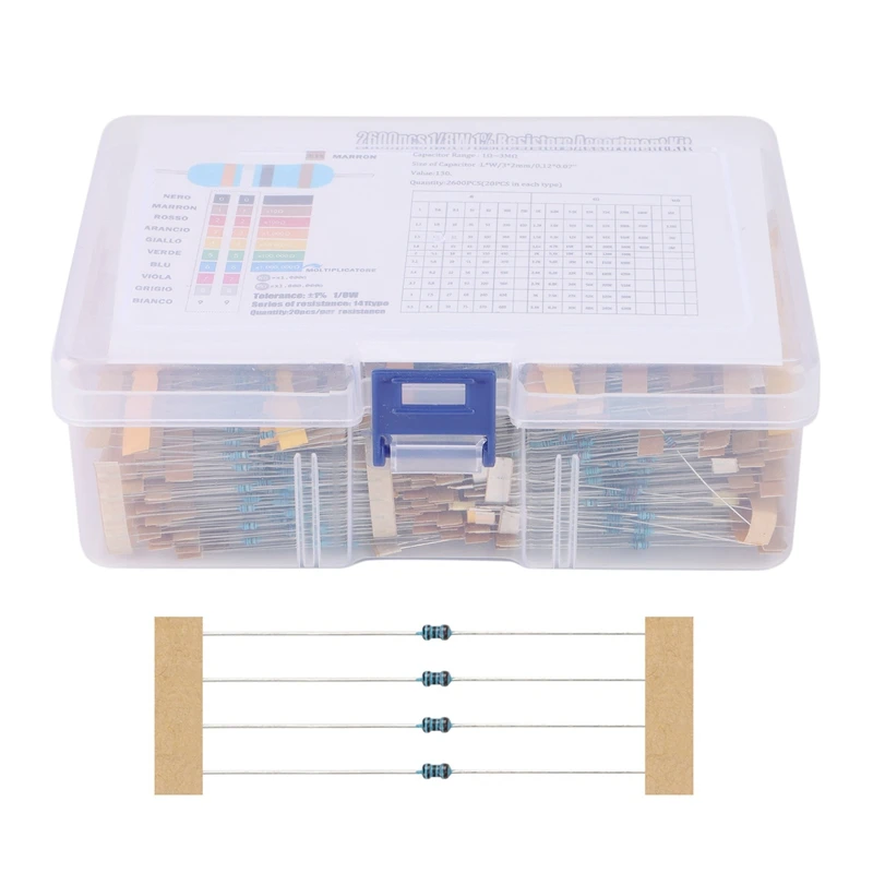 

2600Pcs 130 Values 1/8W 0.125W 1% Metal Film Resistors Assorted Pack Set Resistors Assortment Kits Fixed Capacitors