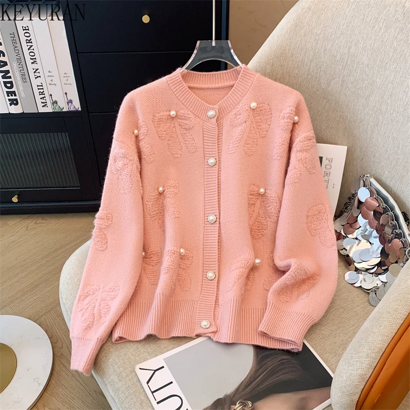 2024 Autumn Winter New Loose Soft Knitted Cardigan Sweater Women O-Neck Long Sleeve Lazy Style Casual Peals Beaded Bow Warm Tops