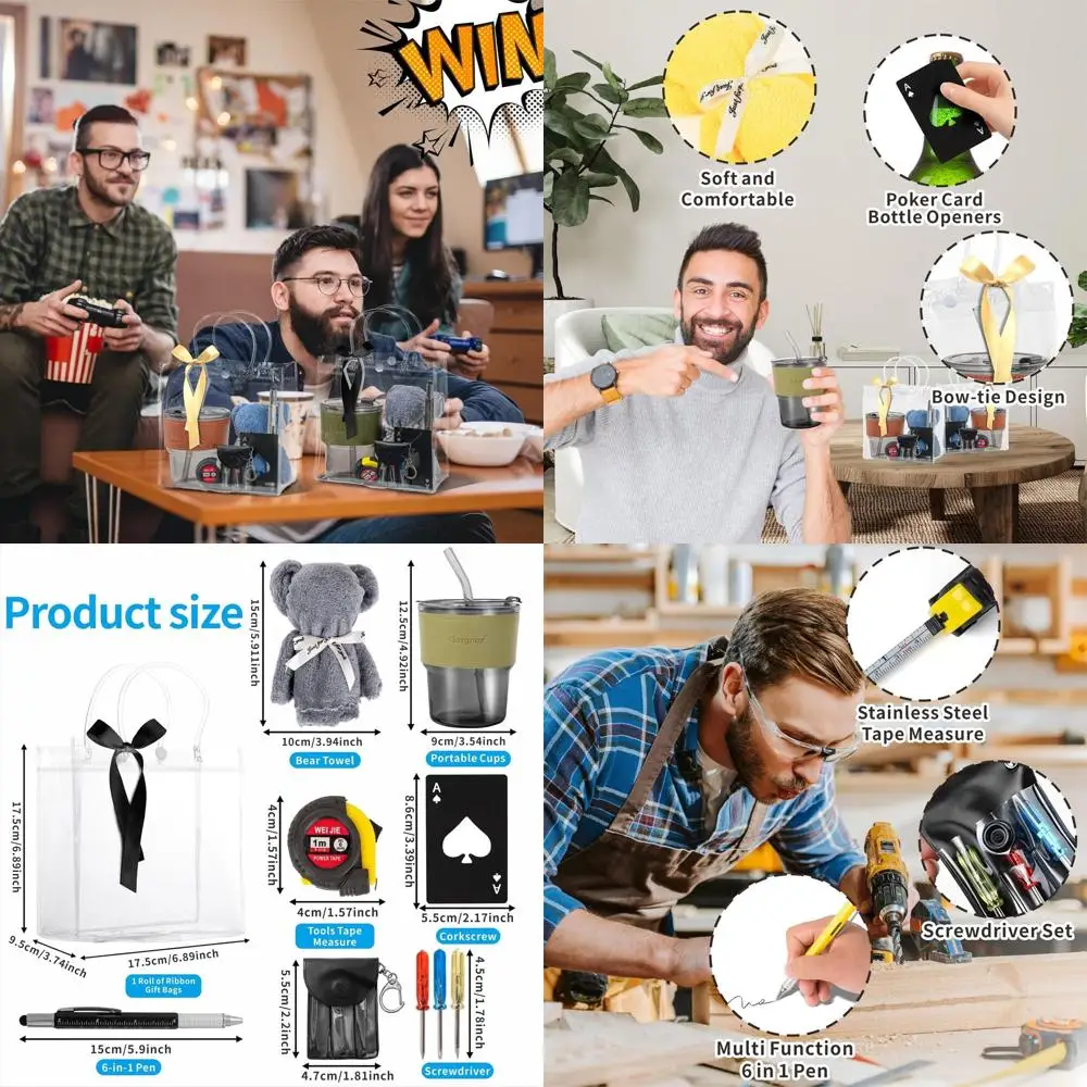 

Men's 6-Piece Shower Prize Set: Glass Cloth, Bottle Opener, Mini Tape, Screwdriver, Multi-Tool Pen (Black, 48 Pieces)