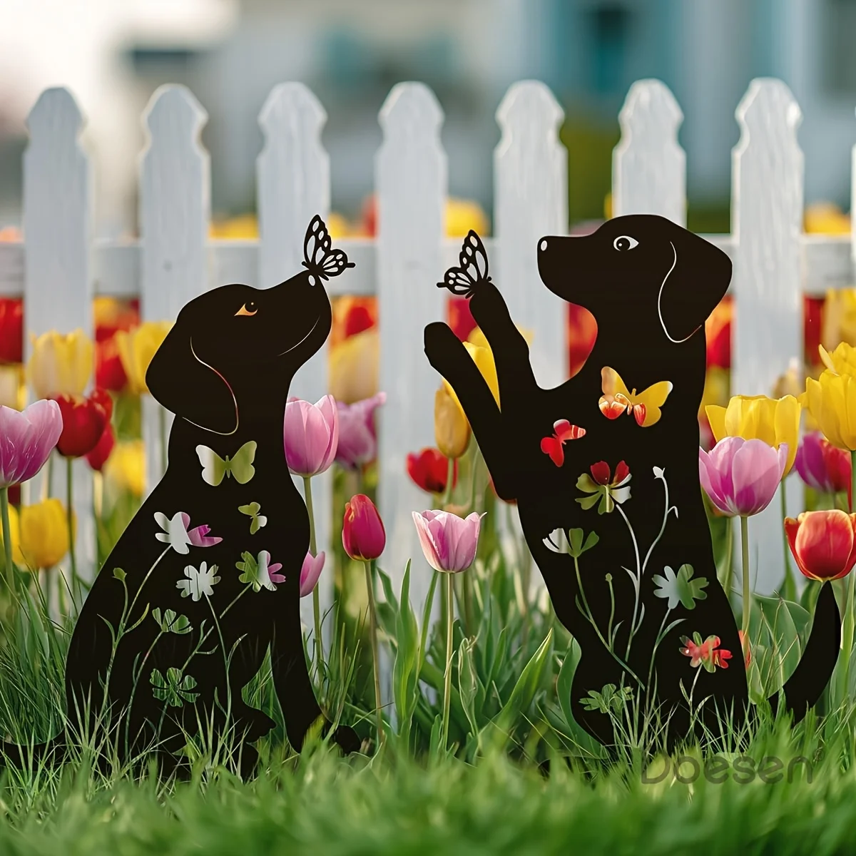 2D Flache 2-teilige Hunde-Silhouetten-Gartenfigur aus Schmiedeeisen – Metall-Gartenkunst – Outdoor-Rasendekoration – Für Garten & Spielplatz