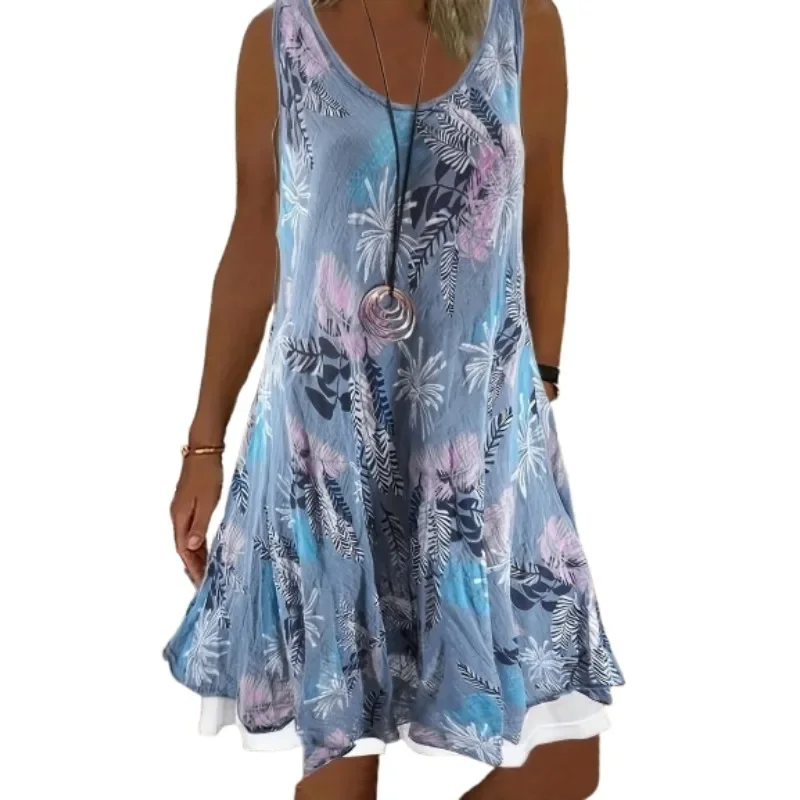 Vestido sin mangas versátil con estampado floral a la moda y cuello redondo para mujer de talla grande 1XL-5XL de verano