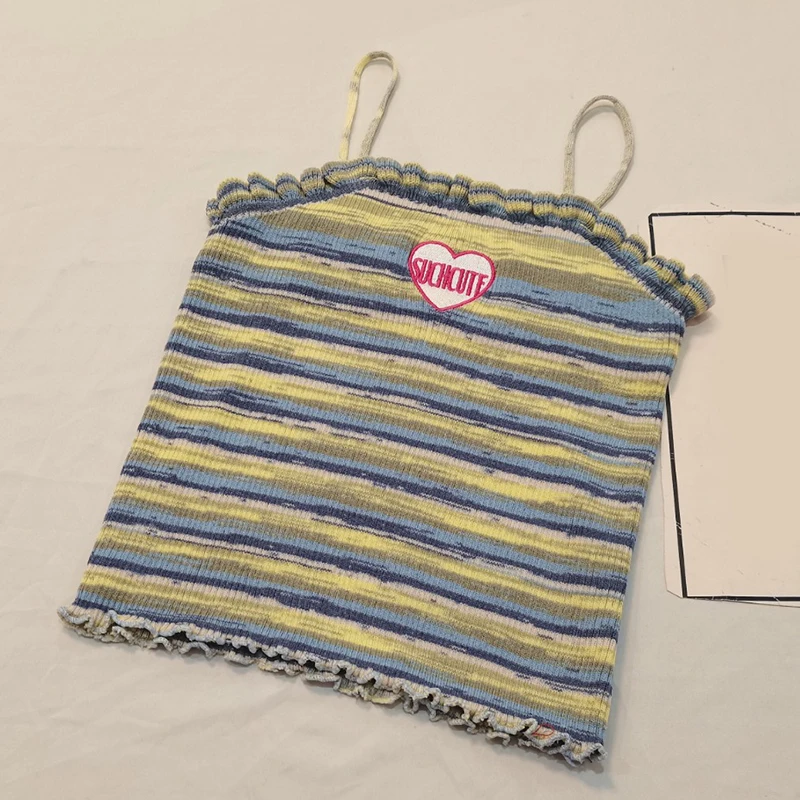 Camisola de punto ajustada sin mangas con bordado de amor a rayas Retro dulce de verano para mujer