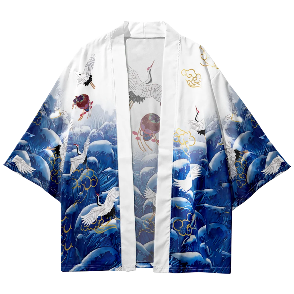 سترة صيفية موديل شاطئ موديل 2025 مطبوعة على شكل رافعة مموجة كيمونو نسائي ياباني أبيض هاوري كبير الحجم ملابس الشارع الشهير #3