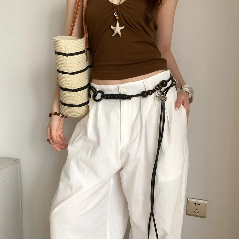 حزام خرز خشبي من جلد البولي يوريثان القديم مع عقدة فنية، حبل خصر متطابق تمامًا، سلسلة خصر مضفرة سوداء قابلة للتعديل للنساء #2