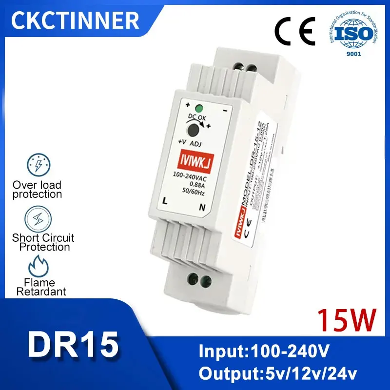 DR-15 15W DIN Rail Switching Power Supply Input 100-240V AC To DC 5V 12V 24V Single Output For Led Strip CCTV 2.4A 1.25A 0.63A