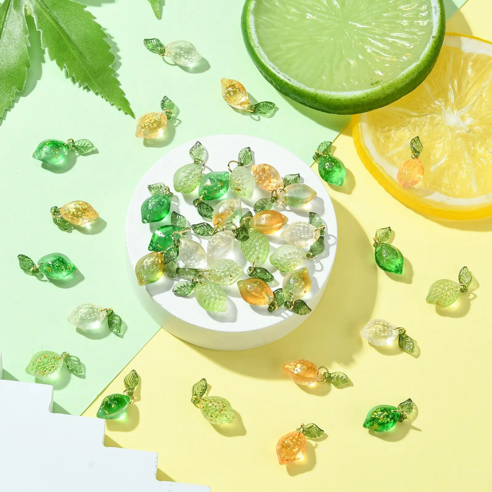 Pandahall 50Pcs 5 Colors Lampwork Fruit Charms Glass Crystal Lemon Charms Imitation Food Dangle Pendant for Jewelry Making