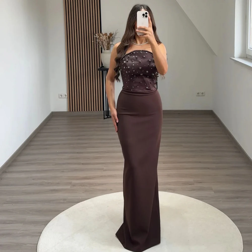 

Женские вечерние платья-русалки из джерси в пол, на заказ, без бретелек, без рукавов, с жемчугом, для выпускного вечера