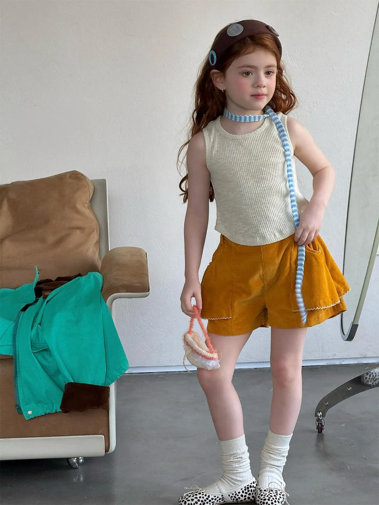 

Children Clothing Kids Casual Shorts Spring 2026 New Korean Style Yellow Corduroy Shorts Girls Simple Sweet Cute Casual Pants