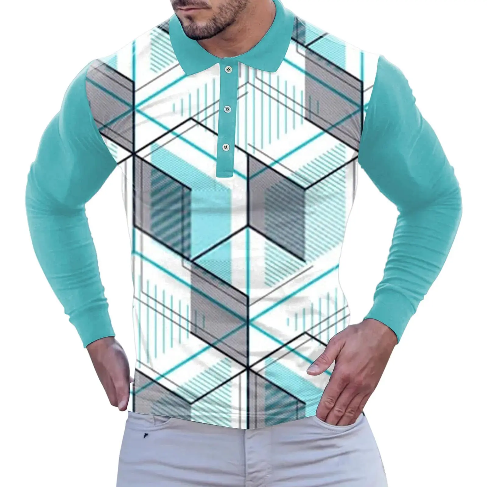 

Men's diamond geometric long-sleeved Polo shirt lapel sports leisure outdoor office daily wear button spring autumn winter