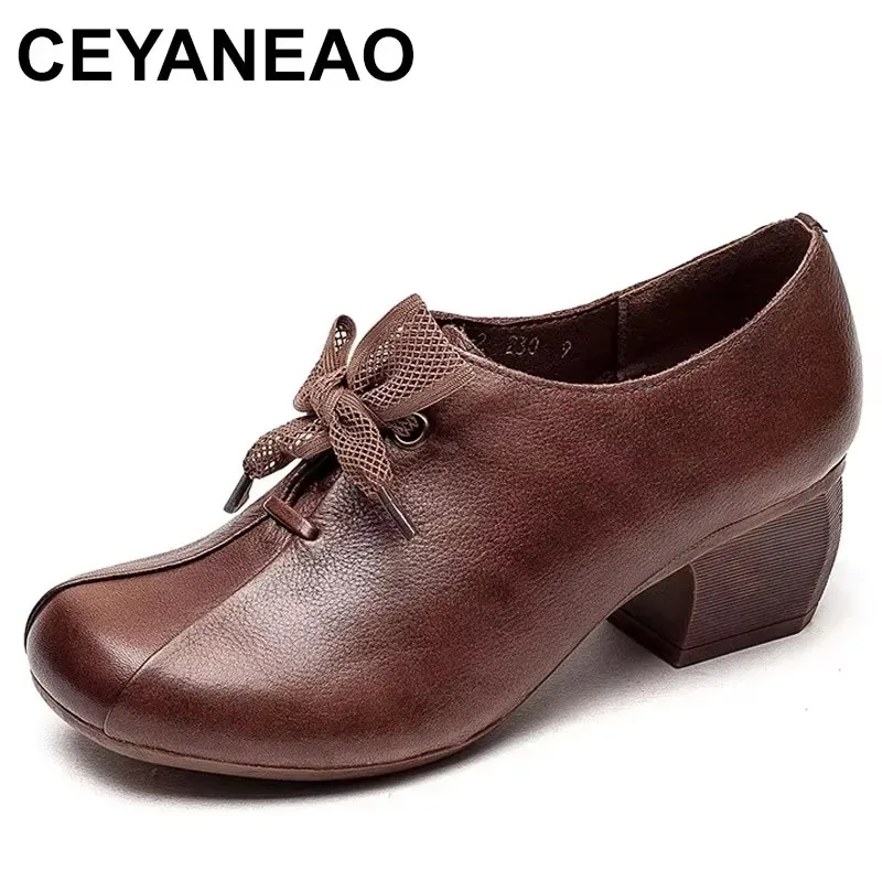 

2025 Spring Genuine Leather women office shoes Round Toe Lace-Up women dress shoes Shallow Solid Casual Female Shoes
