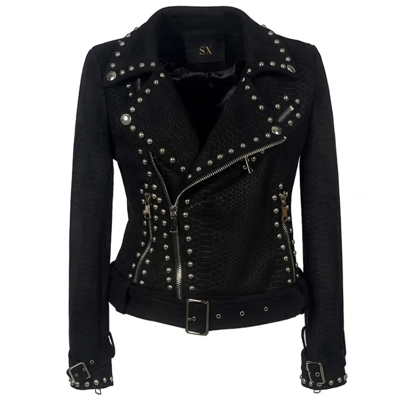 2025 nuevas chaquetas de tela de gamuza con remaches Punk de otoño e invierno para mujer, abrigo rosa serpentino a la moda, chaqueta de cuero con cremallera y solapa