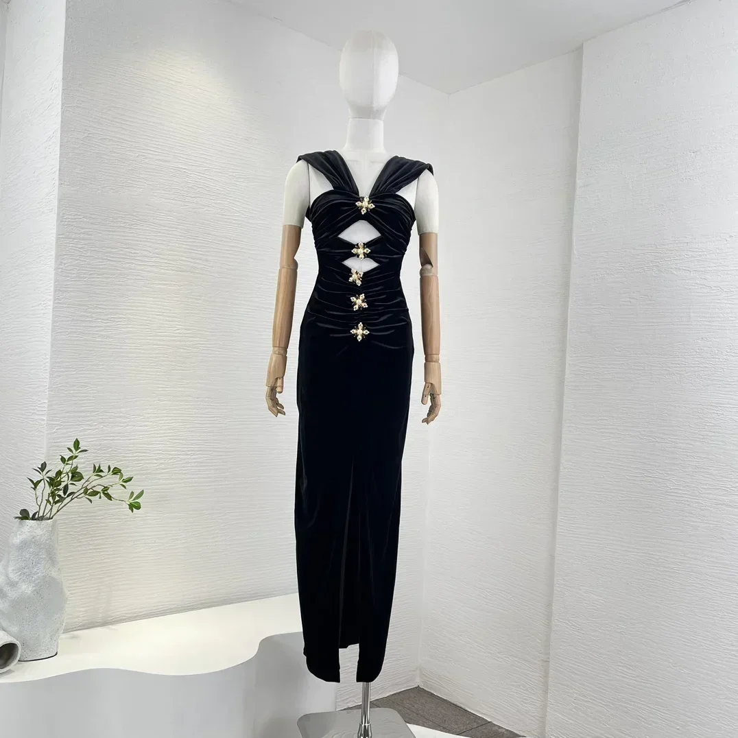 2024 Black Velvet Cut Out Front Sleeveless Slit Flower Buttons Gathered Waist Women Luxury Midi Dress Party