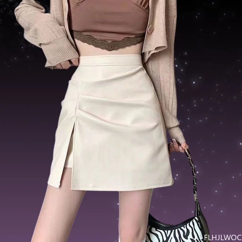 

S-4XL Fake Leather Pu Skirt High Waist A Line Retro Temperament Girls Women Solid Fashion Black Mini Split Slit Skirts