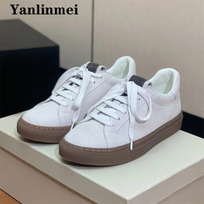 Vendite calde mocassini in pelle scamosciata di mucca donna Lace Up punta tonda scarpe basse Casual String Bead suola spessa all'aperto scarpe da passeggio accoglienti donna