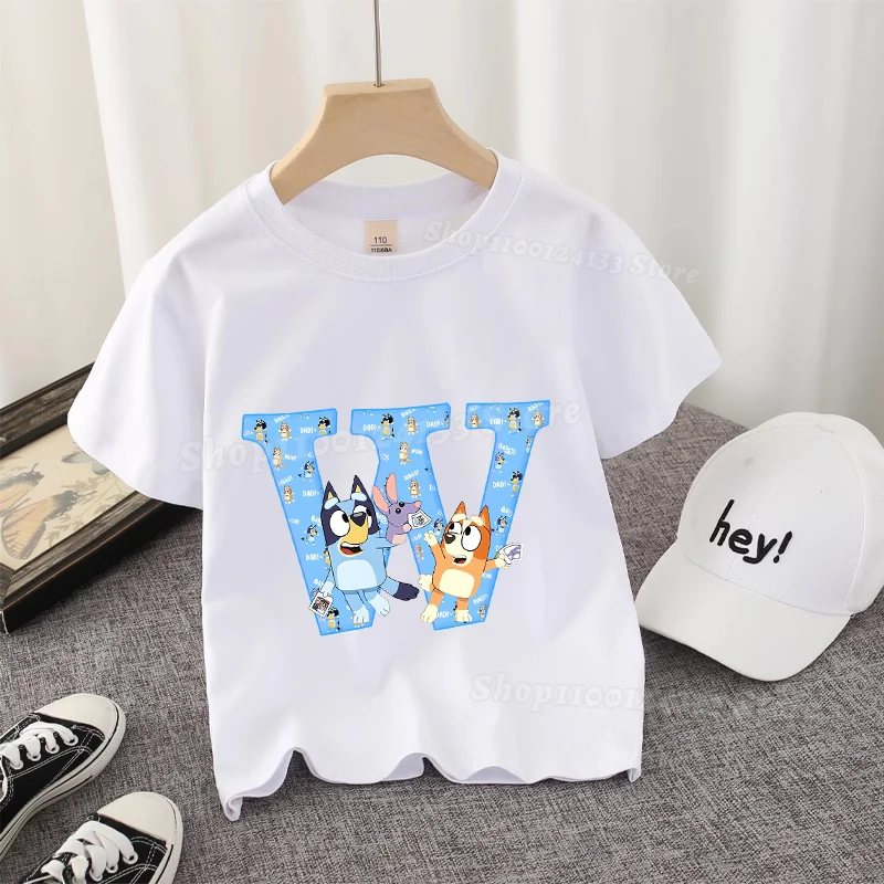 Bluey T-shirt anak-anak katun huruf A-Z The Heeler Anime keluarga kaus anak kartun lucu anak perempuan anak laki-laki pakaian jalanan pakaian kasual