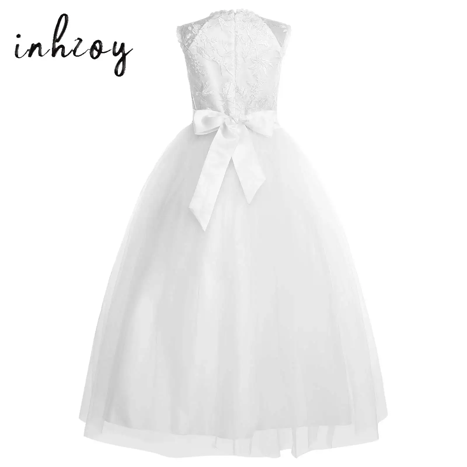 

White Flower Girls Tulle Dress Sleeveless Flower Embroidered Bow Princess Dress for Kids Party Bridesmaid Wedding Pageant