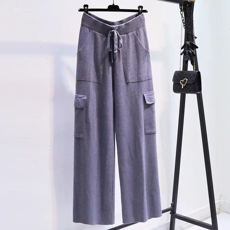 กางเกงไหมพรมผู้หญิงเอวสูงทรงขากระบอกตรงสไตล์เกาหลีสำหรับฤดูใบไม้ร่วงและฤดูหนาว ทรงเข้ารูปและหลวมสบาย