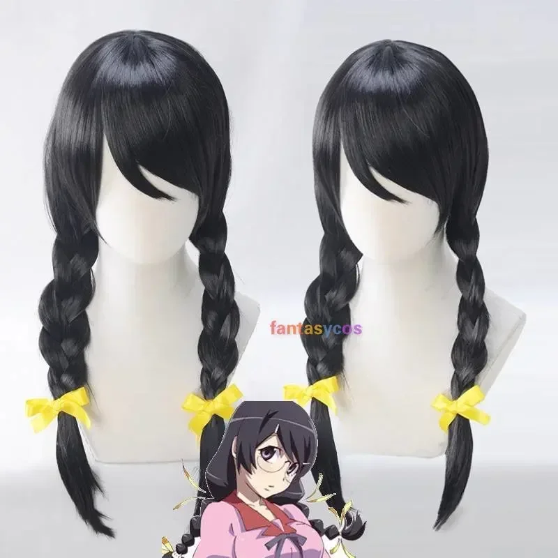 Bakmonogatari hanekawa Tsubasa wig cosplay black braids Halloween role playing hair heat resistant wigs free wig cap