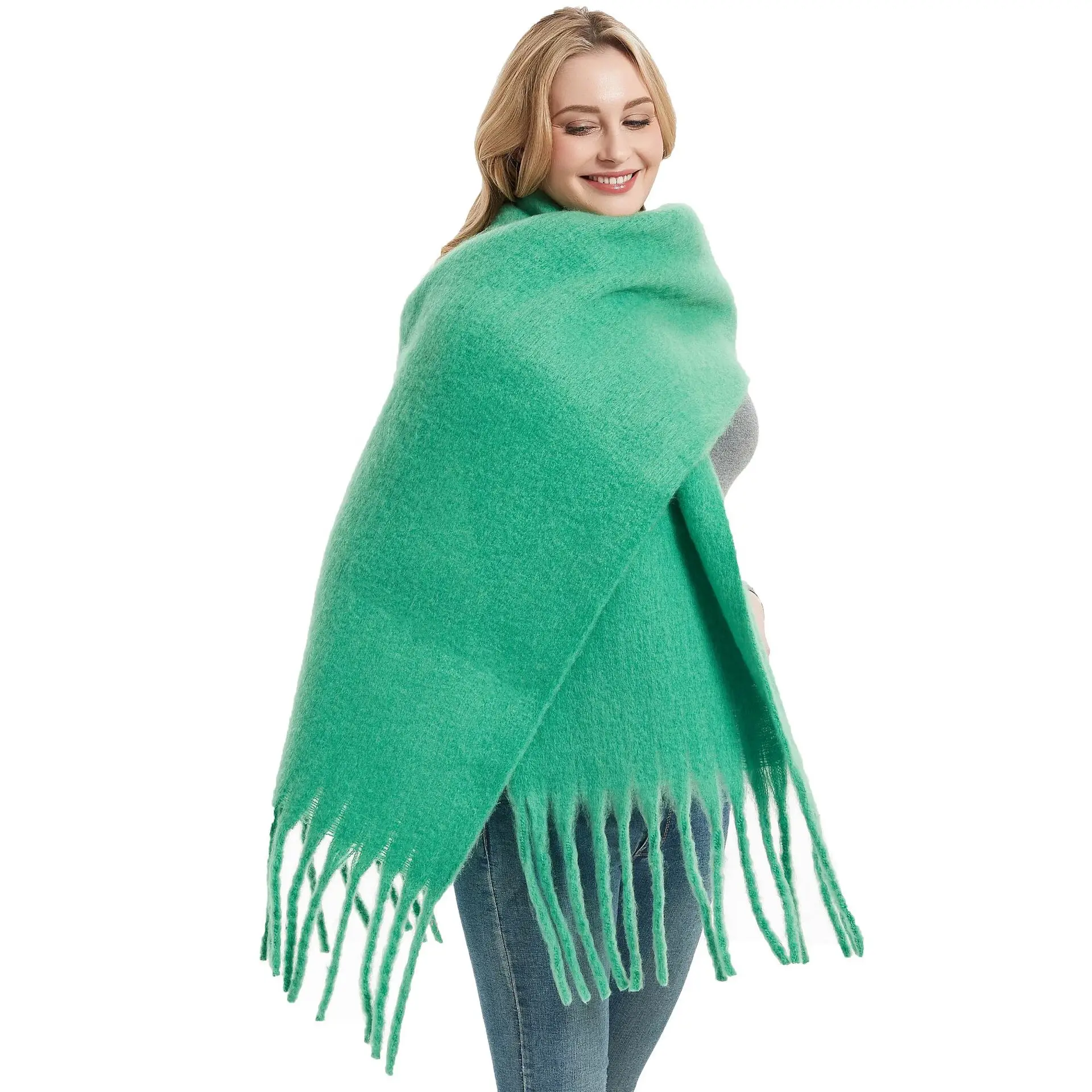 Autumn and Winter Warm Solid Colour Shawl for Women Long Tassel Rough Beard Grass Green Thickened 26 Colours Scarf