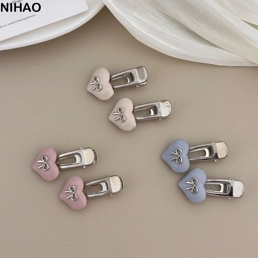 

2pcs Gift Sweet Love Heart Hair Clip Candy Color Korean Style Love Bow Hair Clip Alloy Hair Accessories Duckbill Clip Daily