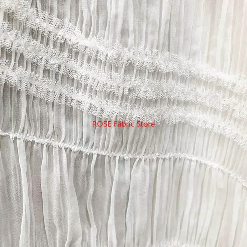 블라우스, 레이스 탑, 봄 드레스, 비치 드레스, 패션쇼용 주름 줄무늬 프릴 스팽글 스트레치 쉬폰 원단