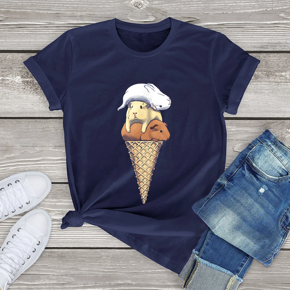 T-Shirt femme 100% coton, Streetwear, doux, surdimensionné, décontracté, drôle, cochon d'inde, glace, Kawaii