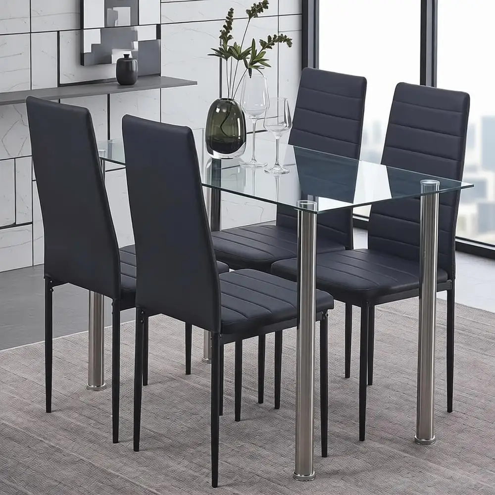 Ensemble de table à manger rectangulaire à 4 places avec dessus en verre et chaises en simili cuir pour la cuisine de la maison