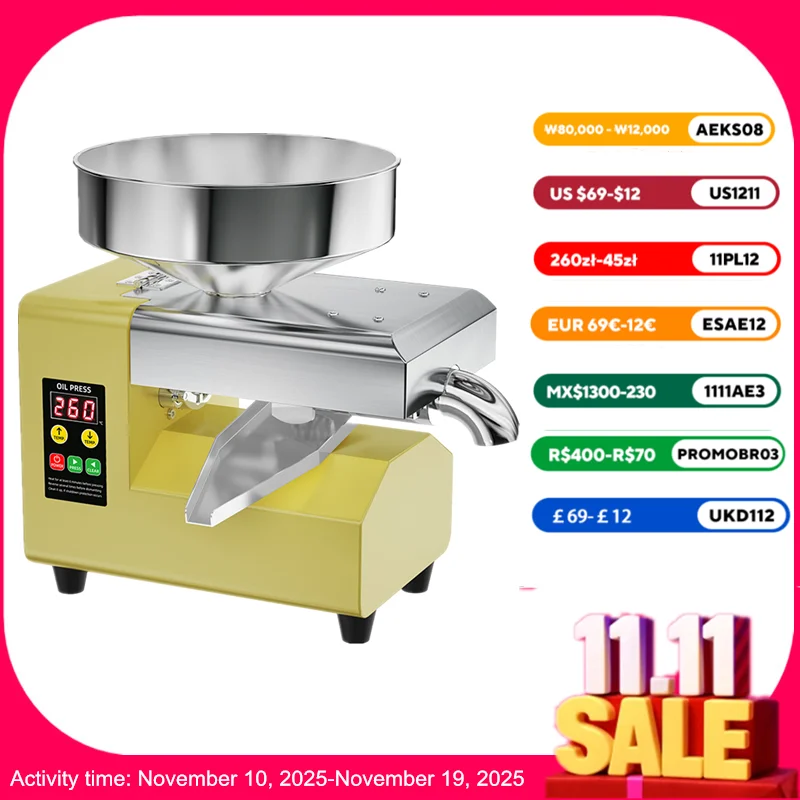

R8S Smart Stainless Steel Oil Press tomatic Cold/Hot Press Machine for Home Use, 304 Food-Grade, Low Noise Design (220V/110V)