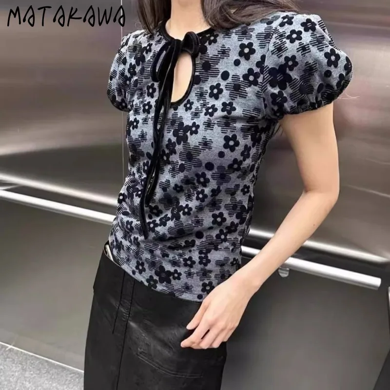 Matakawa Y2k Puff Sleeve T Shirt for Women Vintage Spring Summer Chinese Style Ropa De Mujer Print Flowers Hollow OutTees