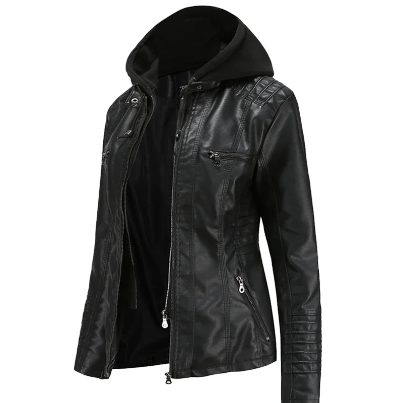 Cappotto da moto con cerniera a maniche lunghe Capispalla nero XS-7XL Giacca in pelle da donna autunno inverno Giacche in pelle PU rimovibili con cappuccio