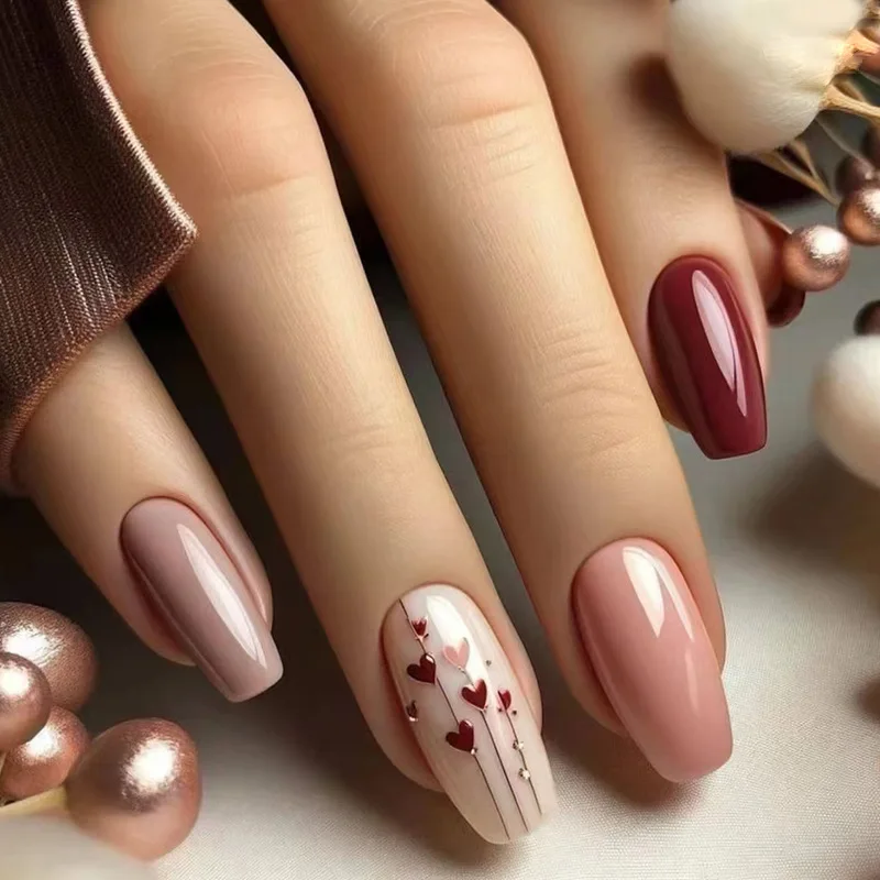 24Pcs Mid-length Ballet False Nails Red Love Pattern Design Press on Nails Simple Wearable Finished Coffin Fake Nail Tips