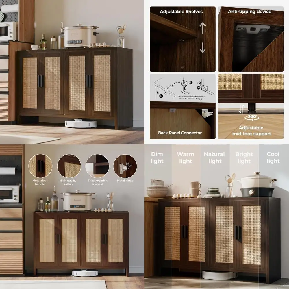

Farmhouse Style Rattan Buffet with Storage and Adjustable Shelves, Sideboard with Doored Cabinetry, Coffee Bar Station