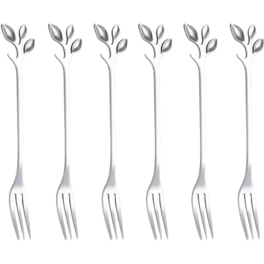 

6pcs stainless steel leaf design mini dessert fork, fruit fork, machine washable, suitable for afternoon tea, dessert shop