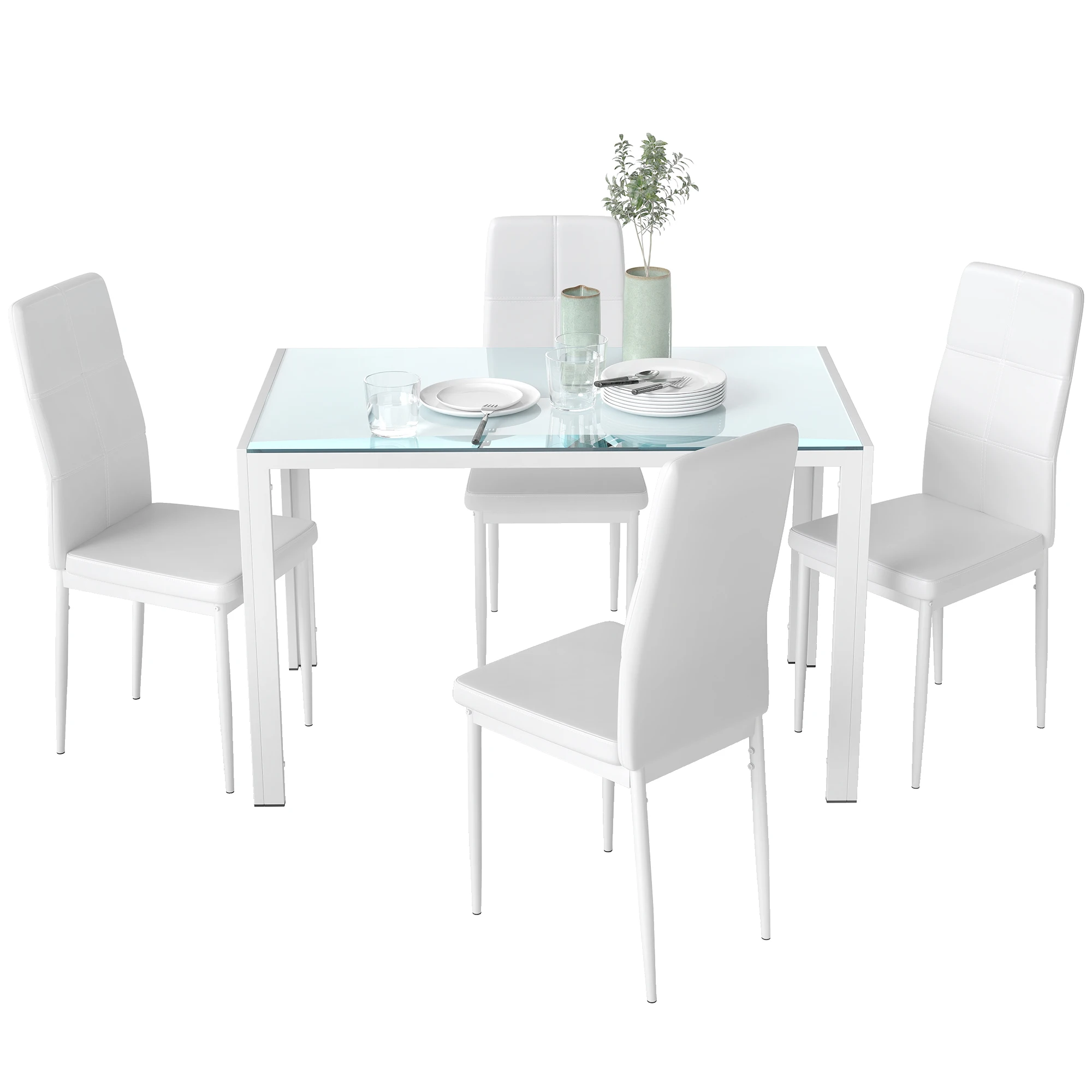 HOMCOM Conjunto de Comedor Mesa Rectangular y 4 Sillas de PU 5 Piezas Blanco