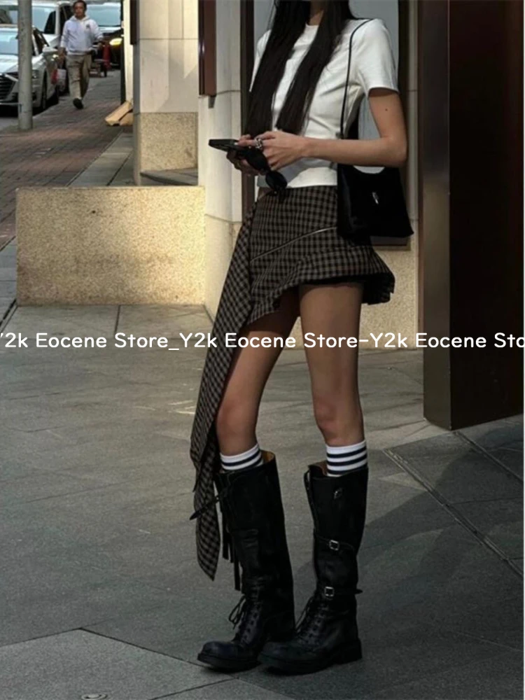 Jupe asymétrique à carreaux pour femmes, Style Punk, taille haute, ourlet irrégulier, Streetwear, Mini jupe avec détails à fermeture éclair, bas décontracté Y2K