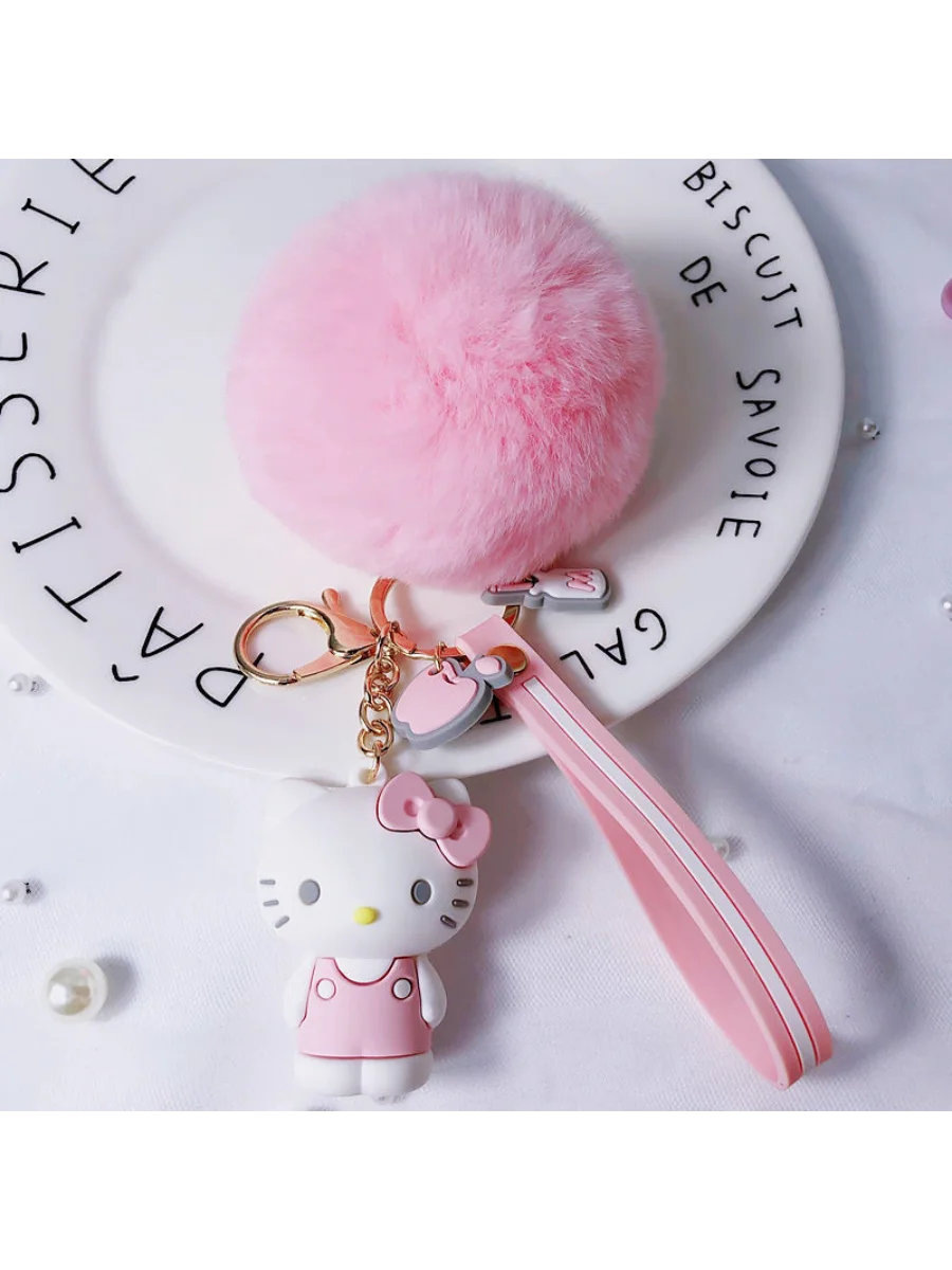 Hello Kitty Sanrio Kuromi Penguin Frog Dog Cat Cute Keychains with Fluffy Rabbit Fur Ball Women Girl Bag Pendant Keyring Gifts