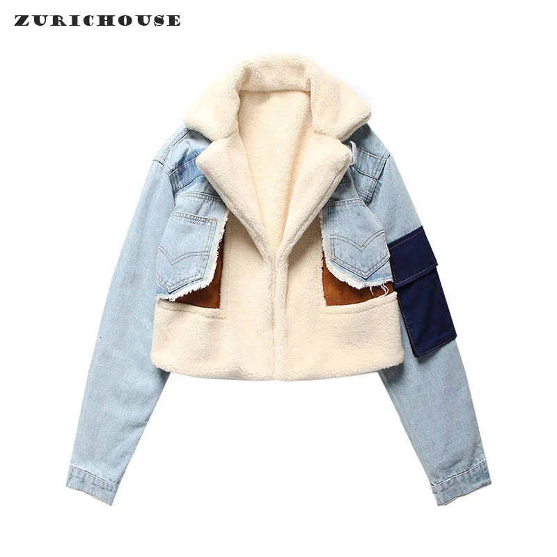 ZURICHOUSE Women's Denim Jacket Winter Fashion Patchwork Suede Woolen Liner Warm Moto Biker Jacket Jeans Woman