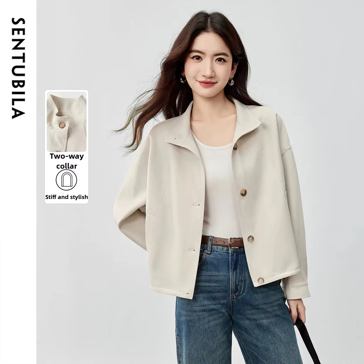 

SENTUBILA Loose Jacket for Women Office Commuter Solid Color Long Sleeve Coat Comfortable Easy Care Outerwear Clothes 153WB2258
