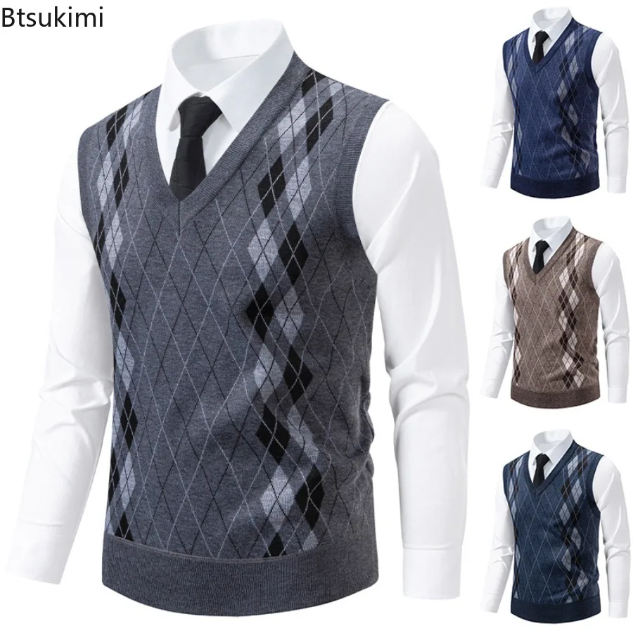 New Fashion Men's Knitted Pullover Vest Business Casual V Neck Sweater Vest Autumn Winter Knit Warm Slim Waistcoats Men Clothing