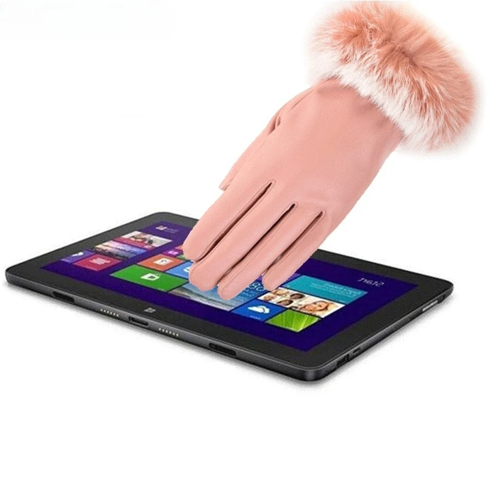 الوردي النساء قفازات فو الجلود أرنب الفراء قفازات السيدات القيادة الأسود شاشة تعمل باللمس المرجان المخملية الشتاء الصوف الدافئة القفاز الإناث