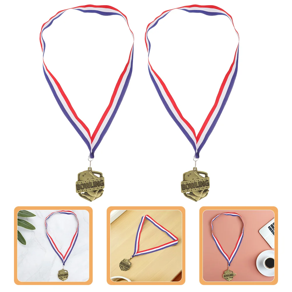 

2PCS Bowling Trophy Medals Zinc Alloy Winner Medals with Neck Ribbon Sports Awards for Bowling Competitions Party Favors Decorat