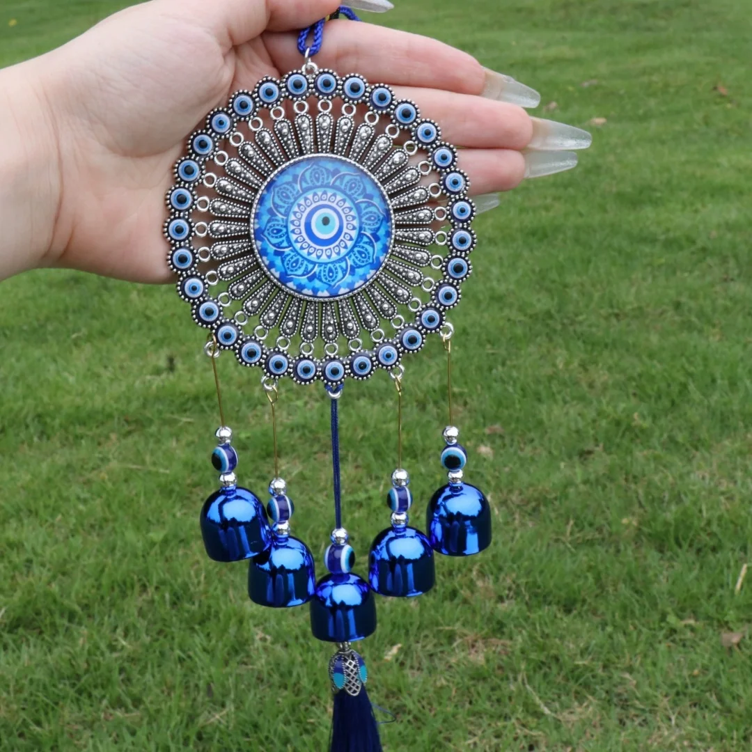 1PC Turkish Blue Eye Wind Chime with Metal Bells Handmade Boho Lucky Protection Amulet Clear Melodious Sound,Drill-free Hanging